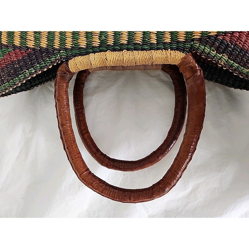 Hand-Woven Artisian Straw & Leather Tote Multicolor U Shopper Market Beach Boho - Picture 7 of 10